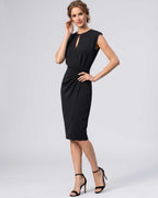 Velmira Midi Dress by Lauven — sleeveless keyhole wrap midi dress with ruched waist