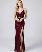 Celeste Maxi Dress by Lauven — sequin sleeveless V-neck mermaid maxi dress with spaghetti straps and front slit