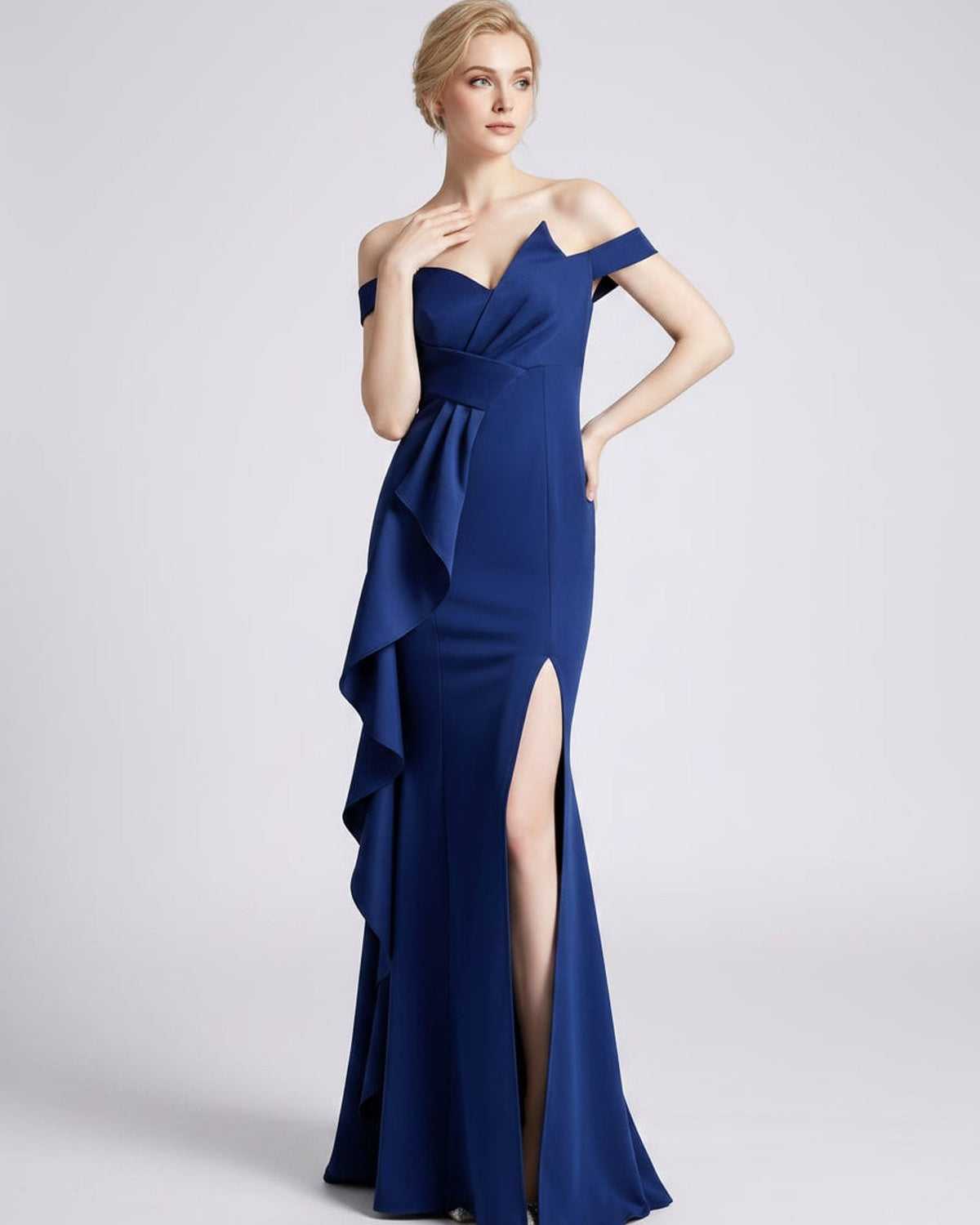 Veloura Maxi Dress by Lauven — polyester spandex off-the-shoulder mermaid maxi dress with slit