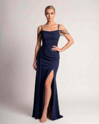 Celestia Maxi Dress by Lauven — polyester spaghetti strap mermaid maxi dress with beading and split