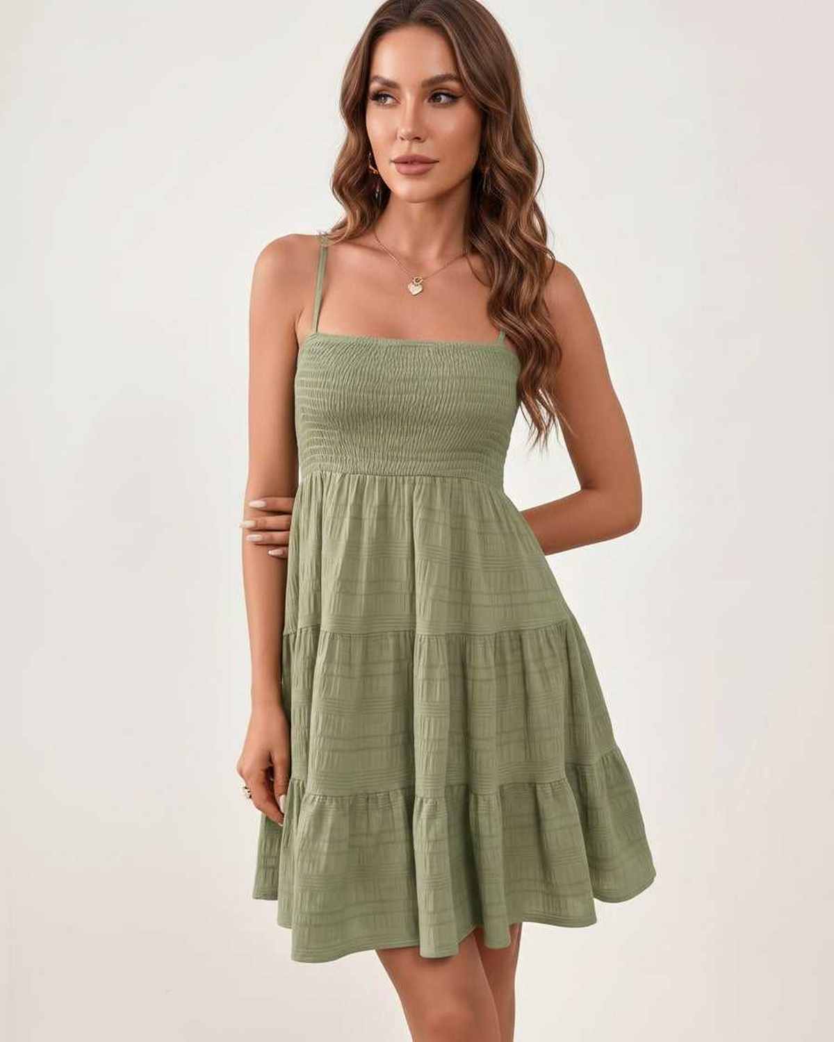 Solara Mini Dress by Lauven — textured sleeveless square neck tiered swing mini dress