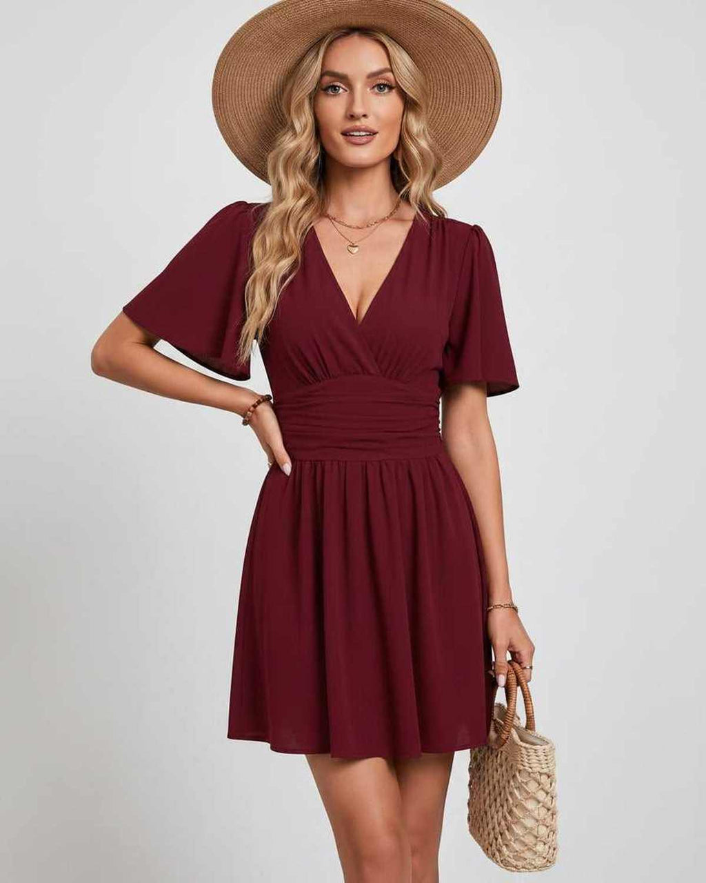 Calista Mini Dress by Lauven — chiffon ruffled short sleeve V-neck A-line mini dress