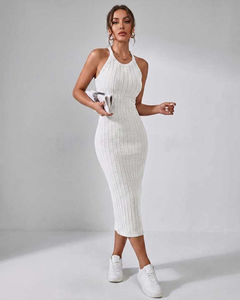 Lunara Midi Dress by Lauven — white ribbed knit sleeveless crew neck slim-fit midi dress