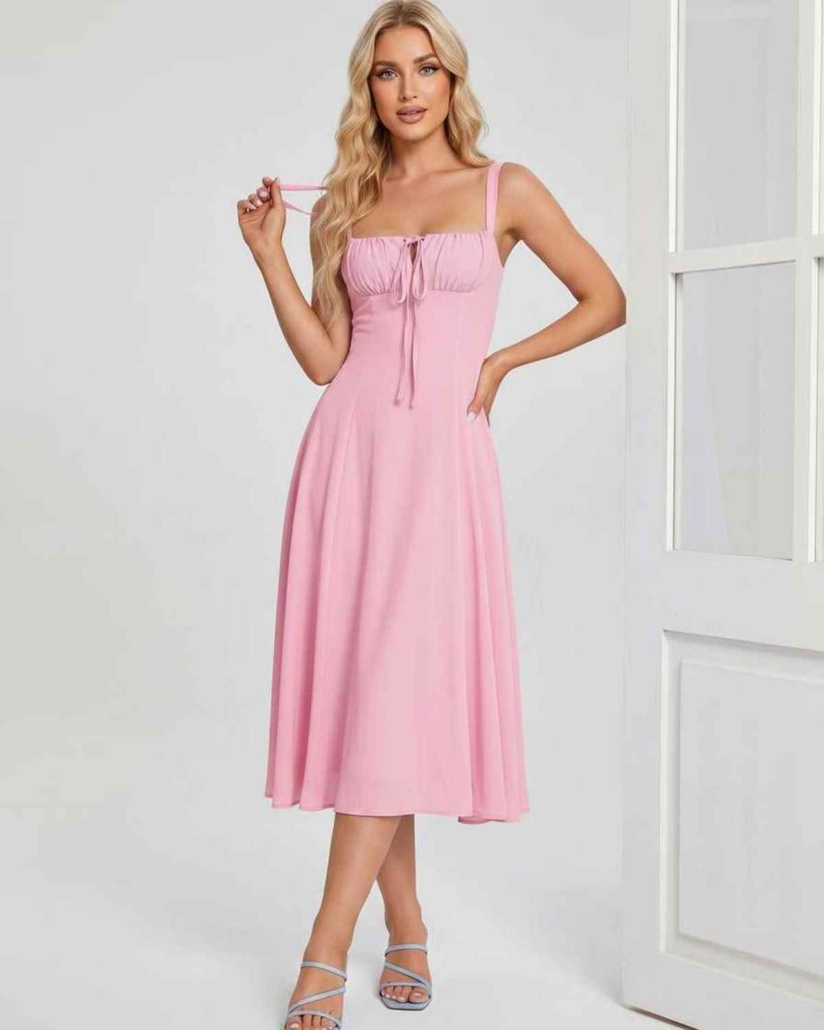 Serelune Midi Dress by Lauven — lightweight sleeveless square neck A-line midi dress