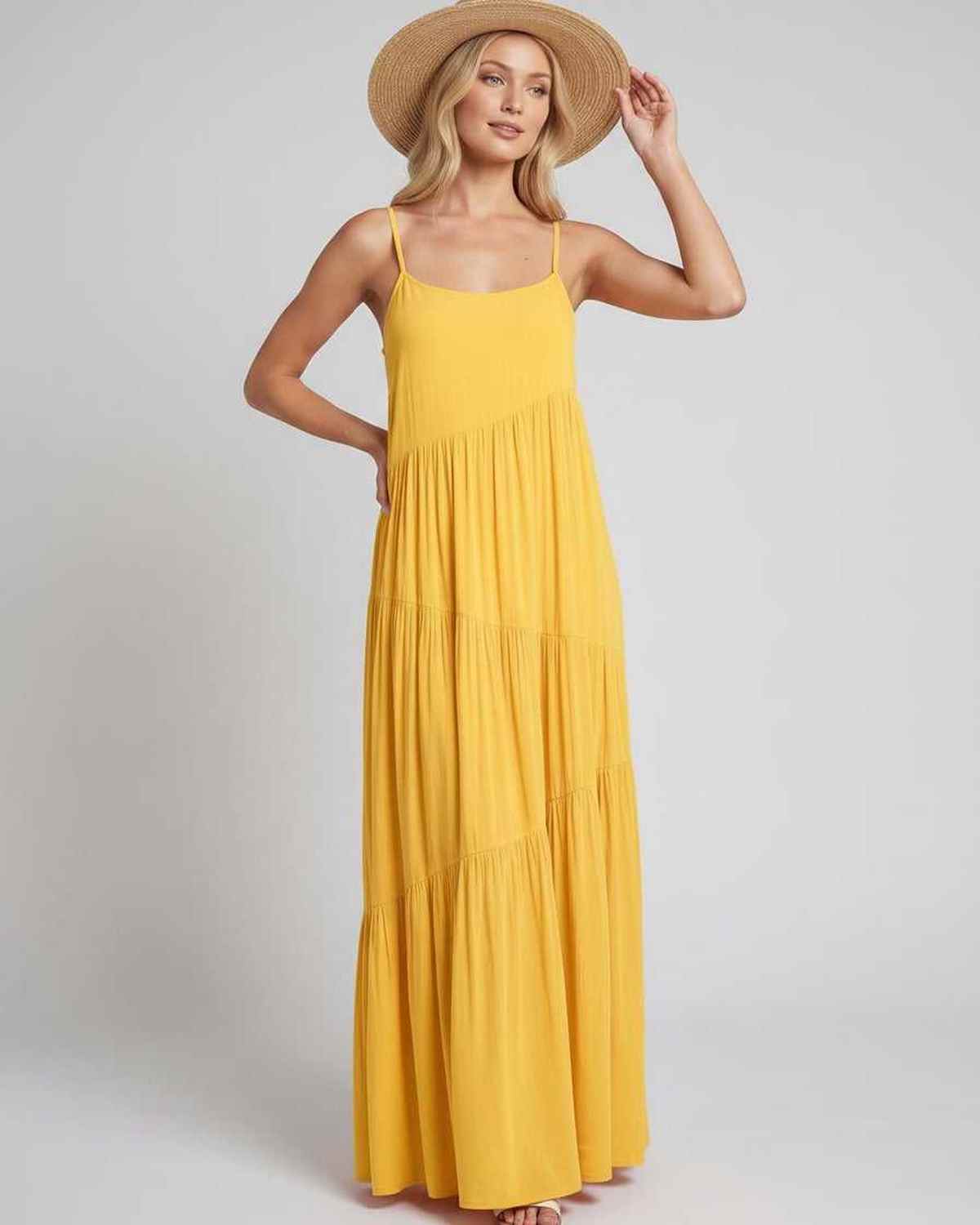Solenne Maxi Dress by Lauven — rayon blend sleeveless scoop neck tiered A-line maxi dress