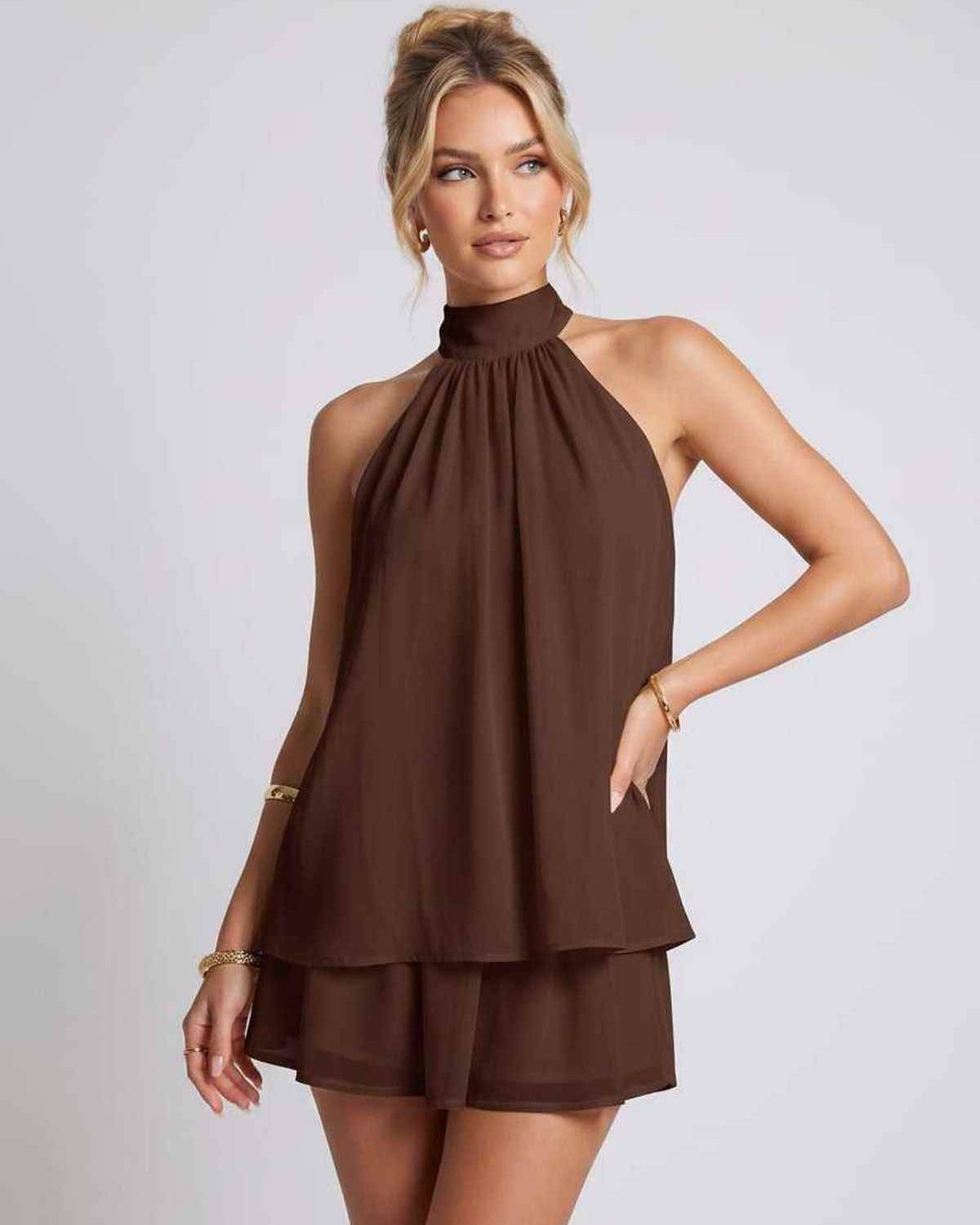 Celestia Mini Dress by Lauven — chiffon sleeveless halter neck mini dress