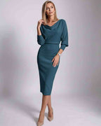 Serene Midi Dress by Lauven — knit batwing sleeve cowl neck fitted midi dress