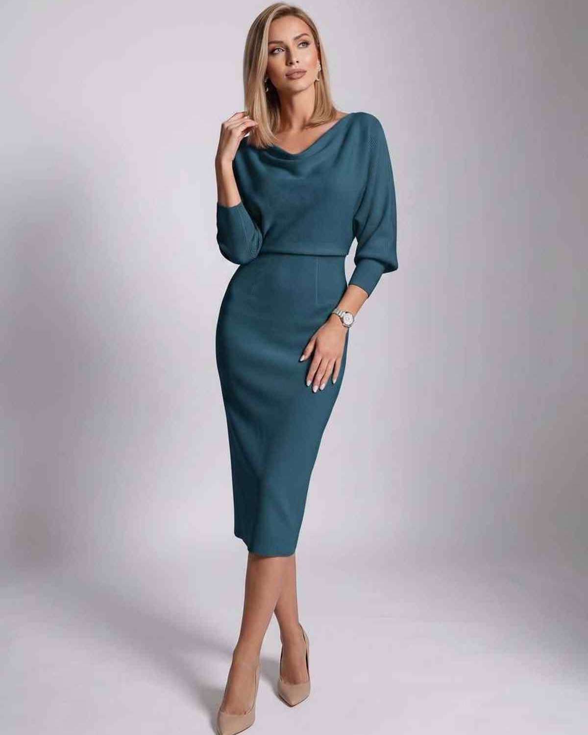 Serene Midi Dress by Lauven — knit batwing sleeve cowl neck fitted midi dress