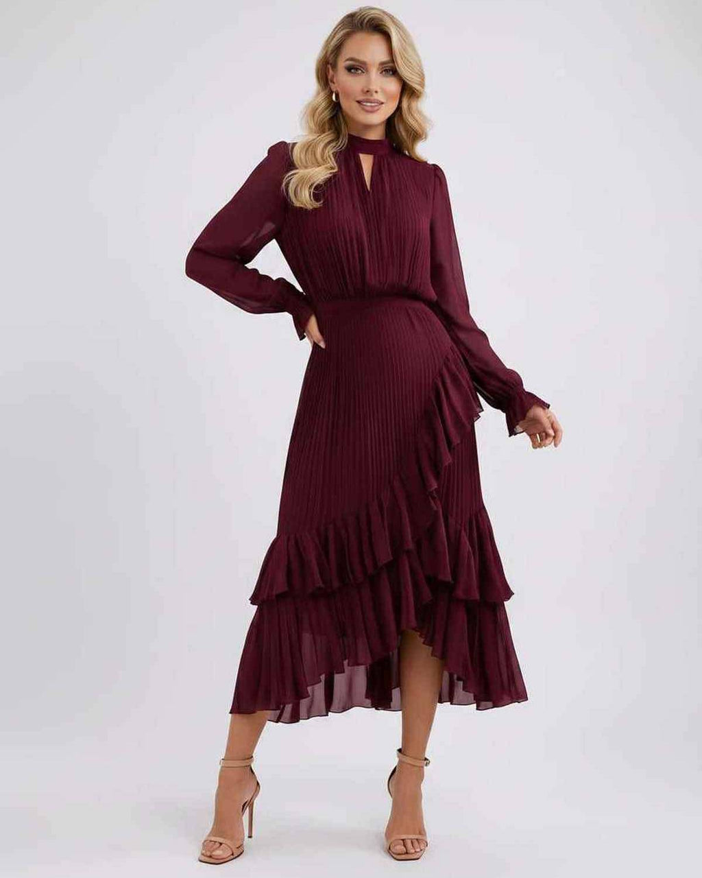 Celestia Maxi Dress by Lauven — chiffon long sleeve high neck A-line maxi dress