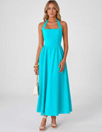 Veloura Midi Dress by Lauven — satin blend sleeveless square neck A-line midi dress
