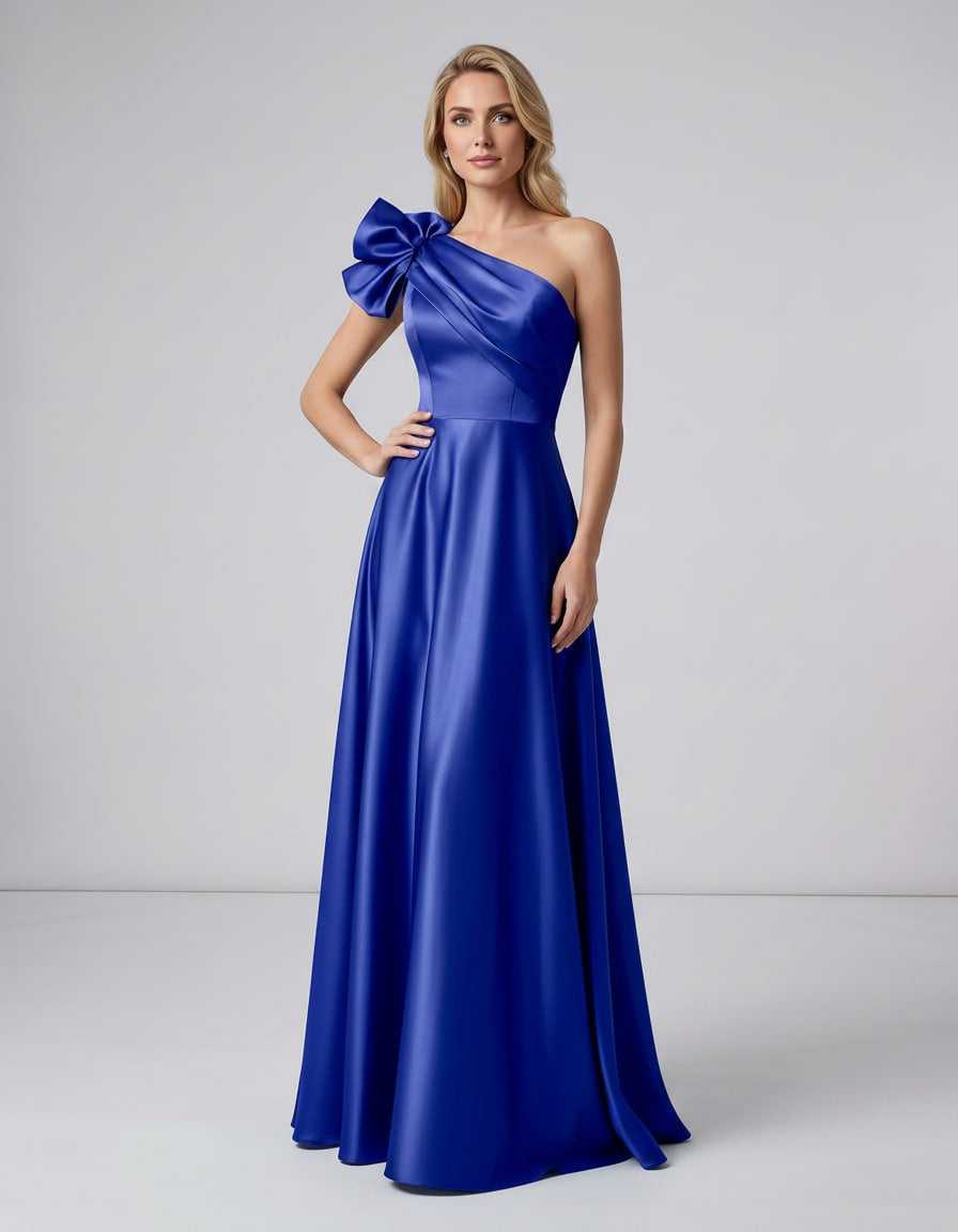 Aurevina Maxi Dress by Lauven — satin one shoulder A-line maxi dress with ruffle detail