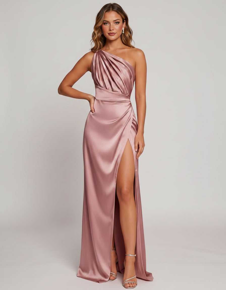 Veloura Maxi Dress by Lauven — satin one-shoulder mermaid maxi dress with slit