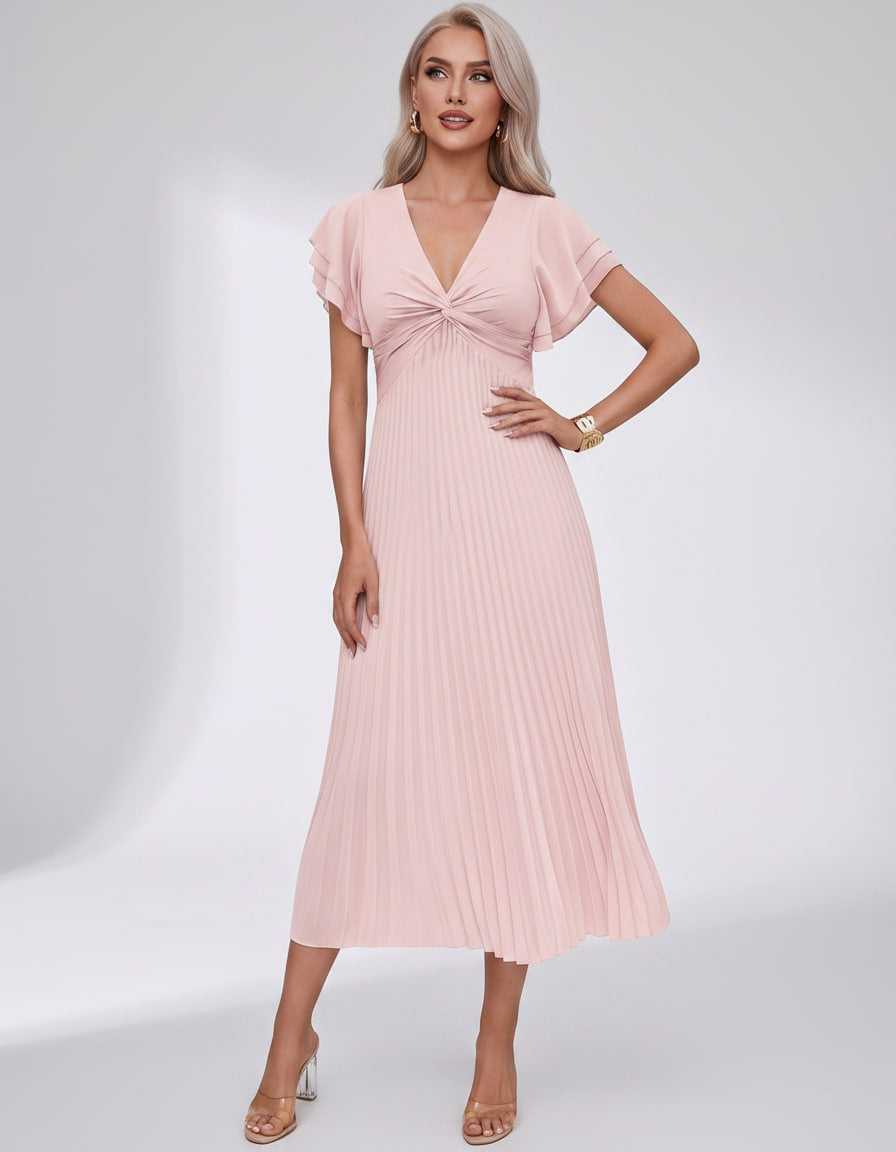 Veloura Midi Dress by Lauven — pleated chiffon flutter sleeve V-neck A-line midi dress