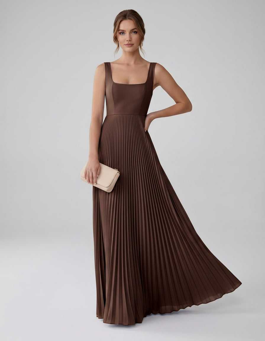 Veloura Maxi Dress by Lauven — satin chiffon sleeveless square neck pleated A-line maxi dress