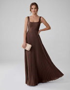 Veloura Maxi Dress by Lauven — satin chiffon sleeveless square neck pleated A-line maxi dress