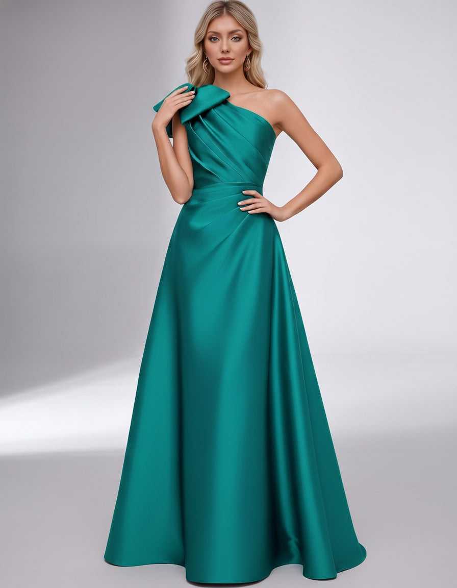 Celestia Maxi Dress by Lauven — satin one shoulder A-line maxi dress with bow