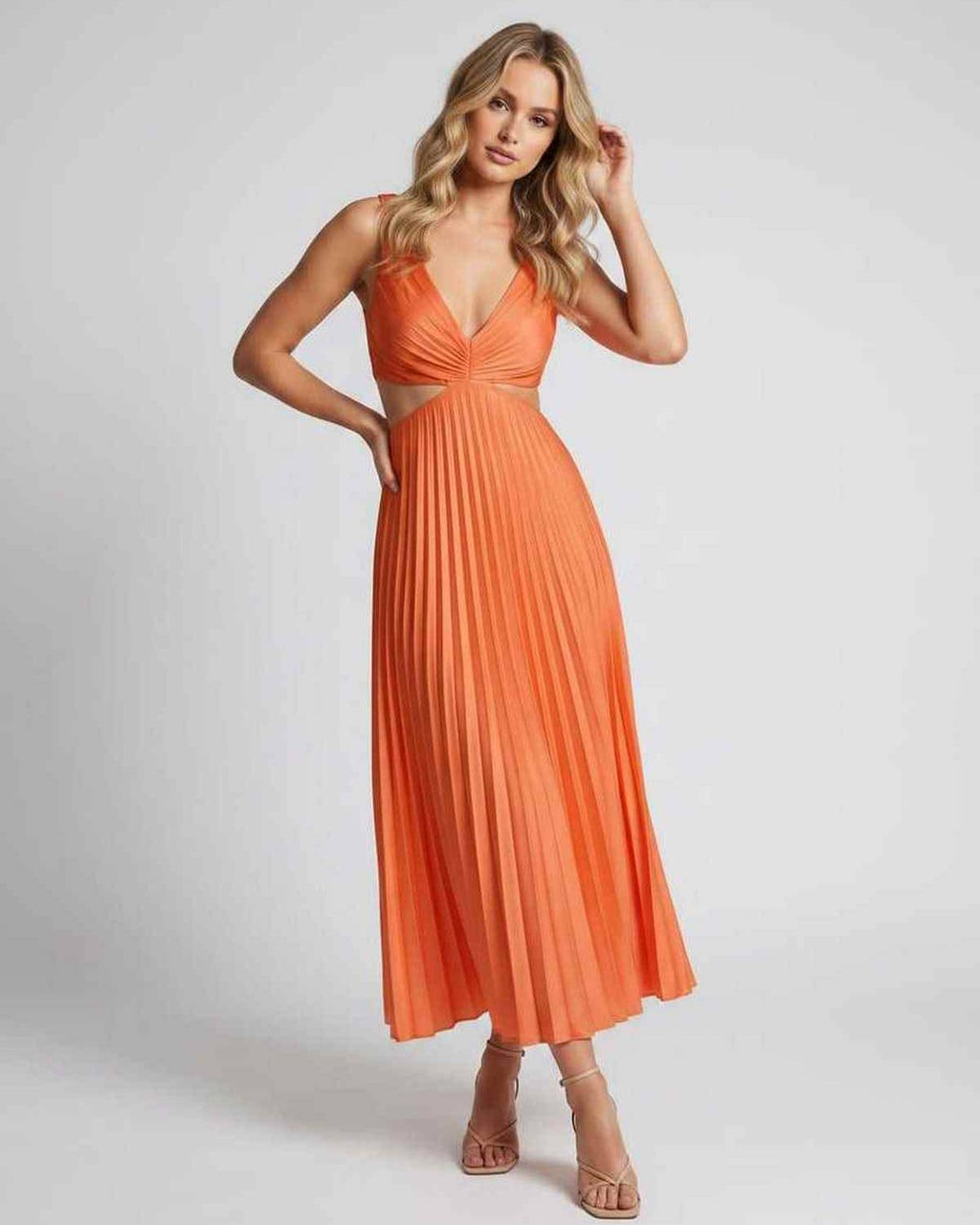 Lunara Midi Dress by Lauven — satin sleeveless V-neck flowing pleated midi dress