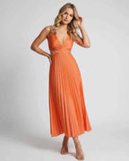 Lunara Midi Dress by Lauven — satin sleeveless V-neck flowing pleated midi dress