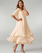Aurelia Midi Dress by Lauven — lightweight short sleeve round neck layered midi dress