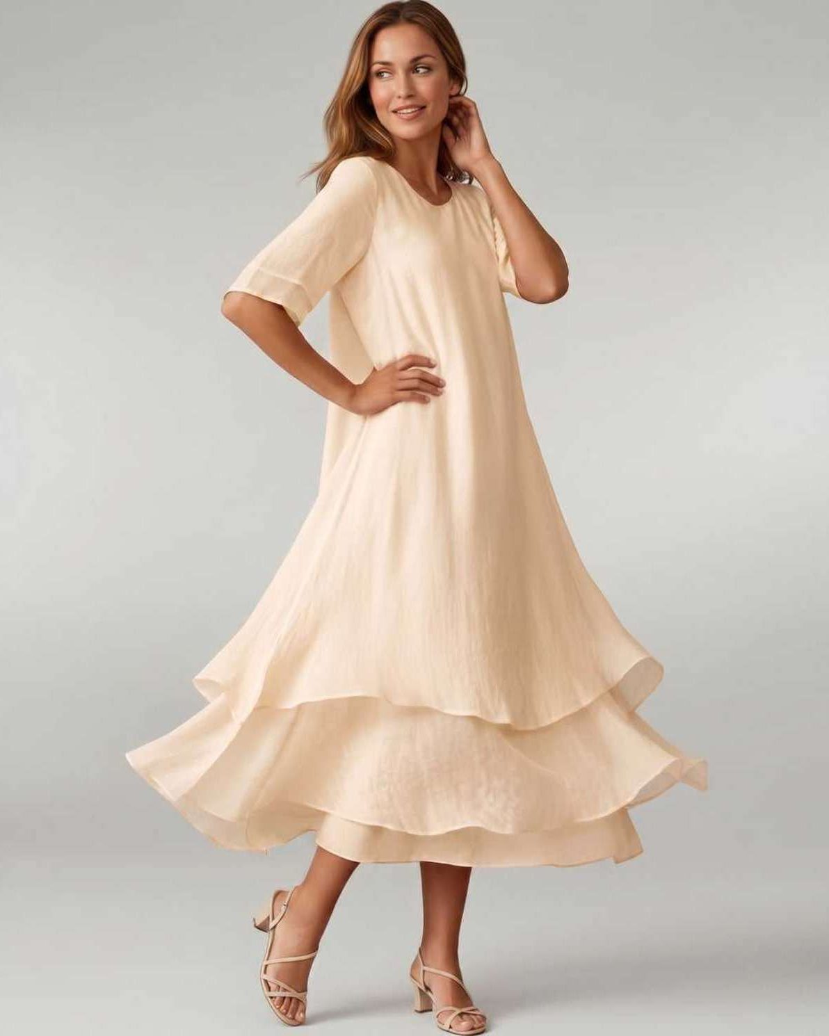 Aurelia Midi Dress by Lauven — lightweight short sleeve round neck layered midi dress