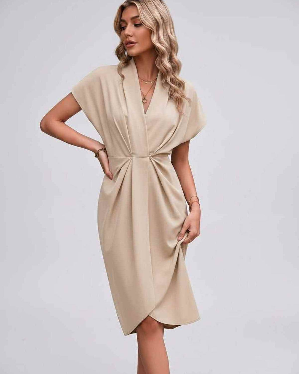 Veloura Midi Dress by Lauven — satin cap sleeve V-neck draped midi dress