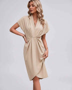 Veloura Midi Dress by Lauven — satin cap sleeve V-neck draped midi dress