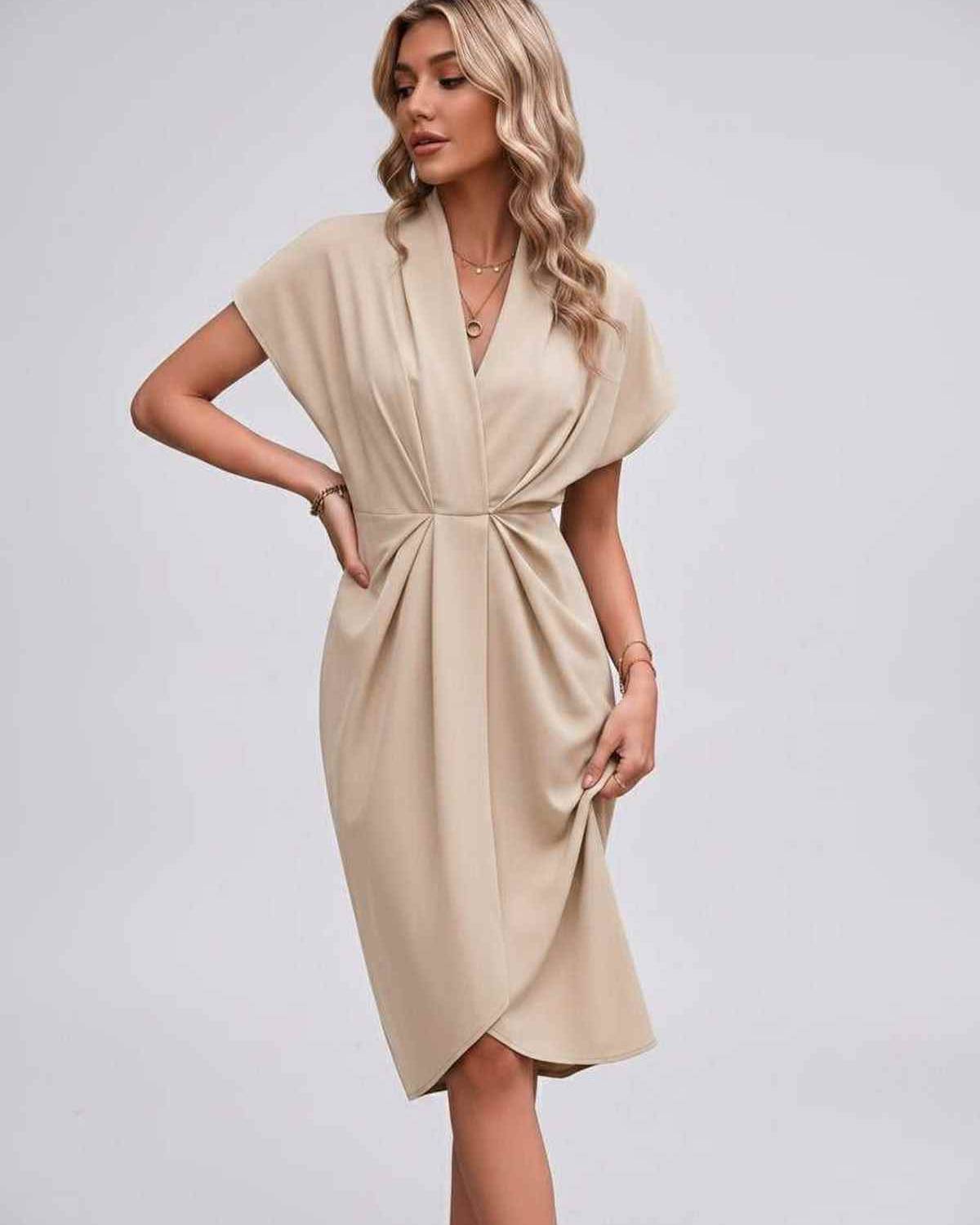Veloura Midi Dress by Lauven — satin cap sleeve V-neck draped midi dress