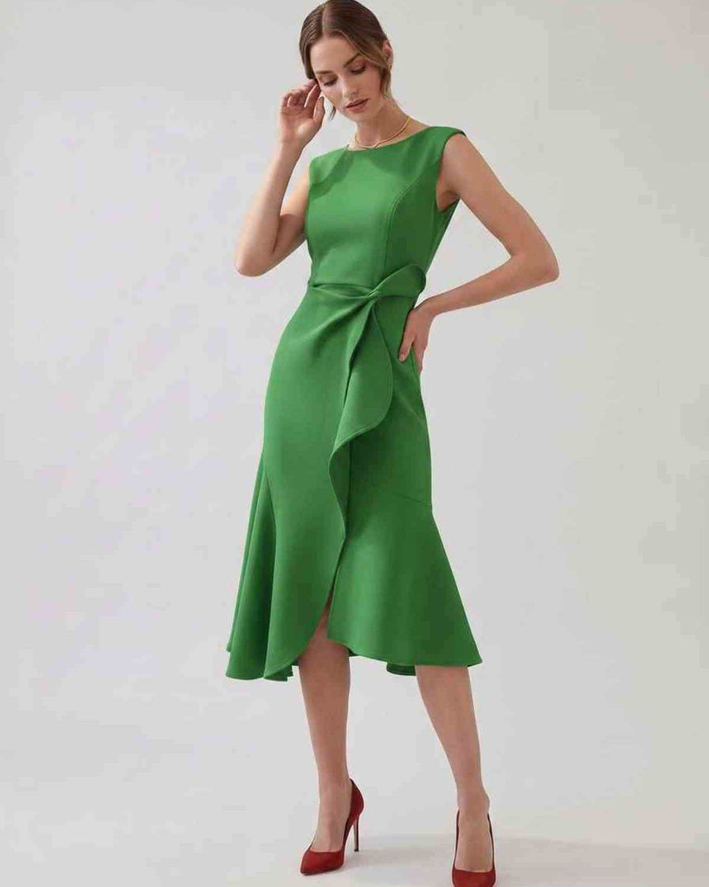 Serelune Midi Dress by Lauven — sleeveless satin midi dress with ruffle detail and fit flare silhouette