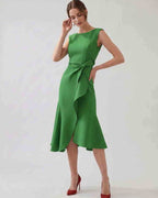 Serelune Midi Dress by Lauven — sleeveless satin midi dress with ruffle detail and fit flare silhouette