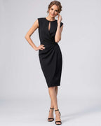 Velmira Midi Dress by Lauven — sleeveless keyhole wrap midi dress with ruched waist