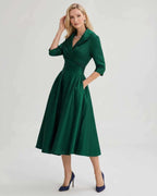 Serelune Midi Dress by Lauven — satin blend 3/4 sleeve V-neck A-line midi dress