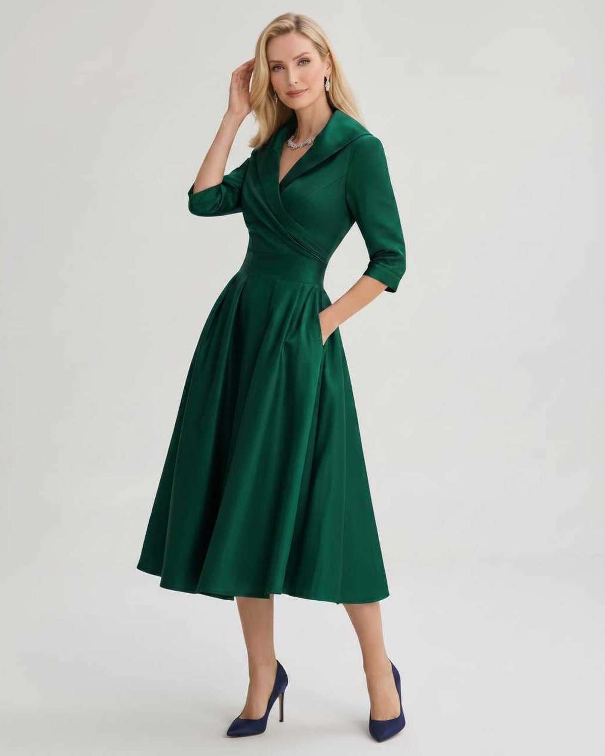 Serelune Midi Dress by Lauven — satin blend 3/4 sleeve V-neck A-line midi dress