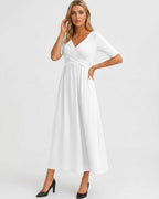 Velmira Midi Dress by Lauven — soft stretch short sleeve V-neck A-line midi dress