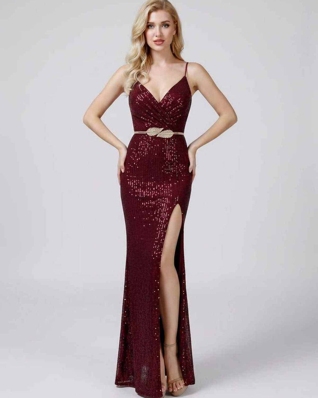 Celeste Maxi Dress by Lauven — sequin sleeveless V-neck mermaid maxi dress with spaghetti straps and front slit