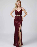 Celeste Maxi Dress by Lauven — sequin sleeveless V-neck mermaid maxi dress with spaghetti straps and front slit