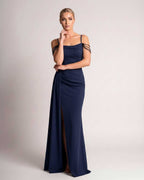 Celestia Maxi Dress by Lauven — polyester spaghetti strap mermaid maxi dress with beading and split