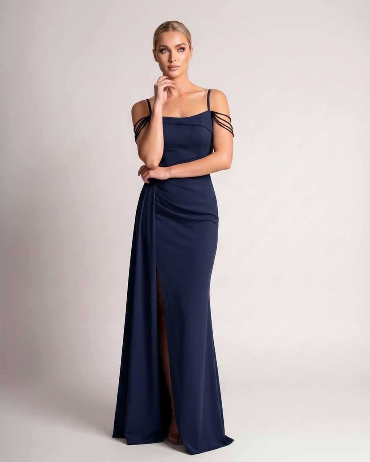 Celestia Maxi Dress by Lauven — polyester spaghetti strap mermaid maxi dress with beading and split