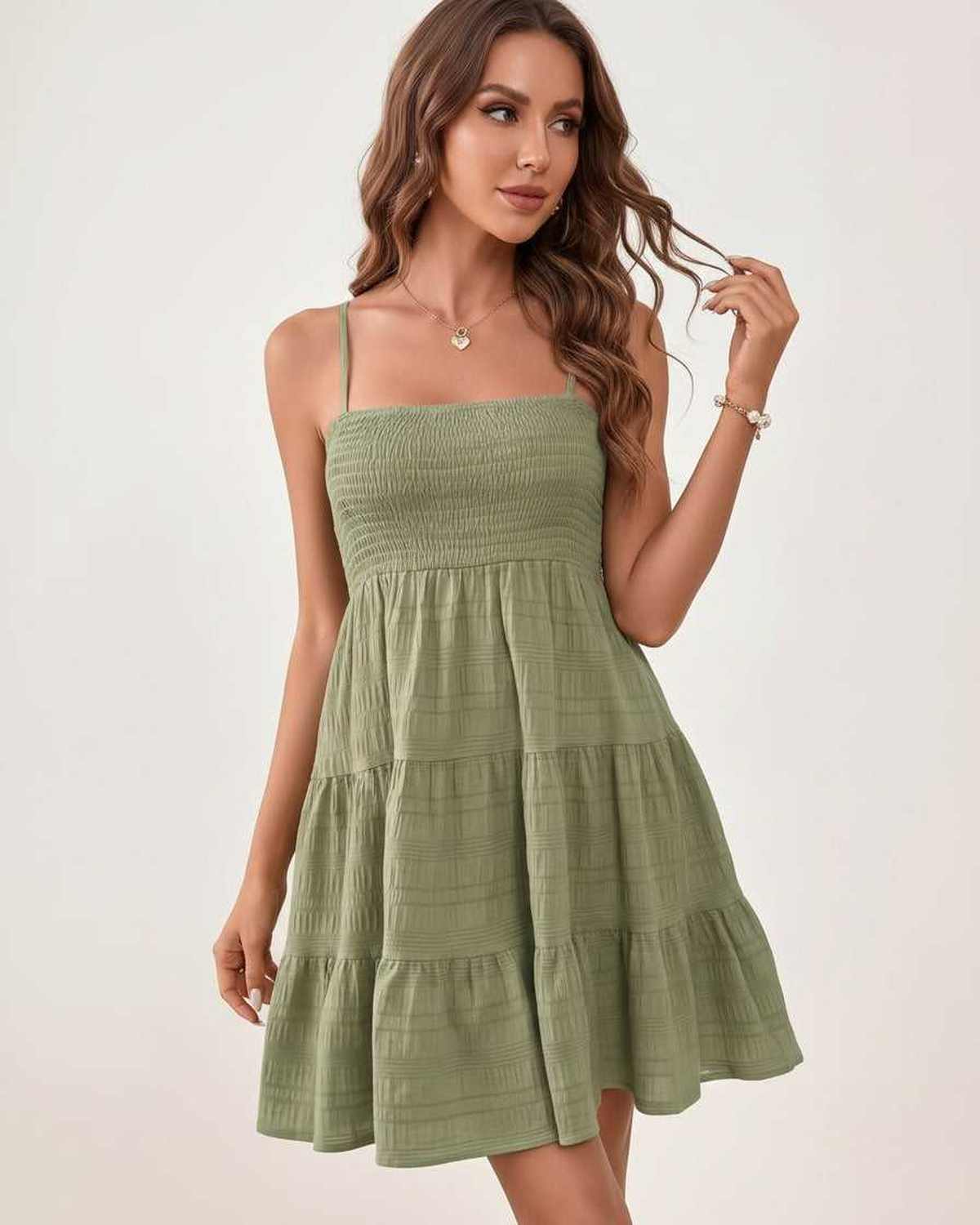 Solara Mini Dress by Lauven — textured sleeveless square neck tiered swing mini dress
