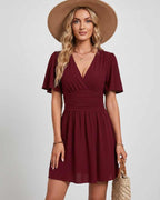 Calista Mini Dress by Lauven — chiffon ruffled short sleeve V-neck A-line mini dress