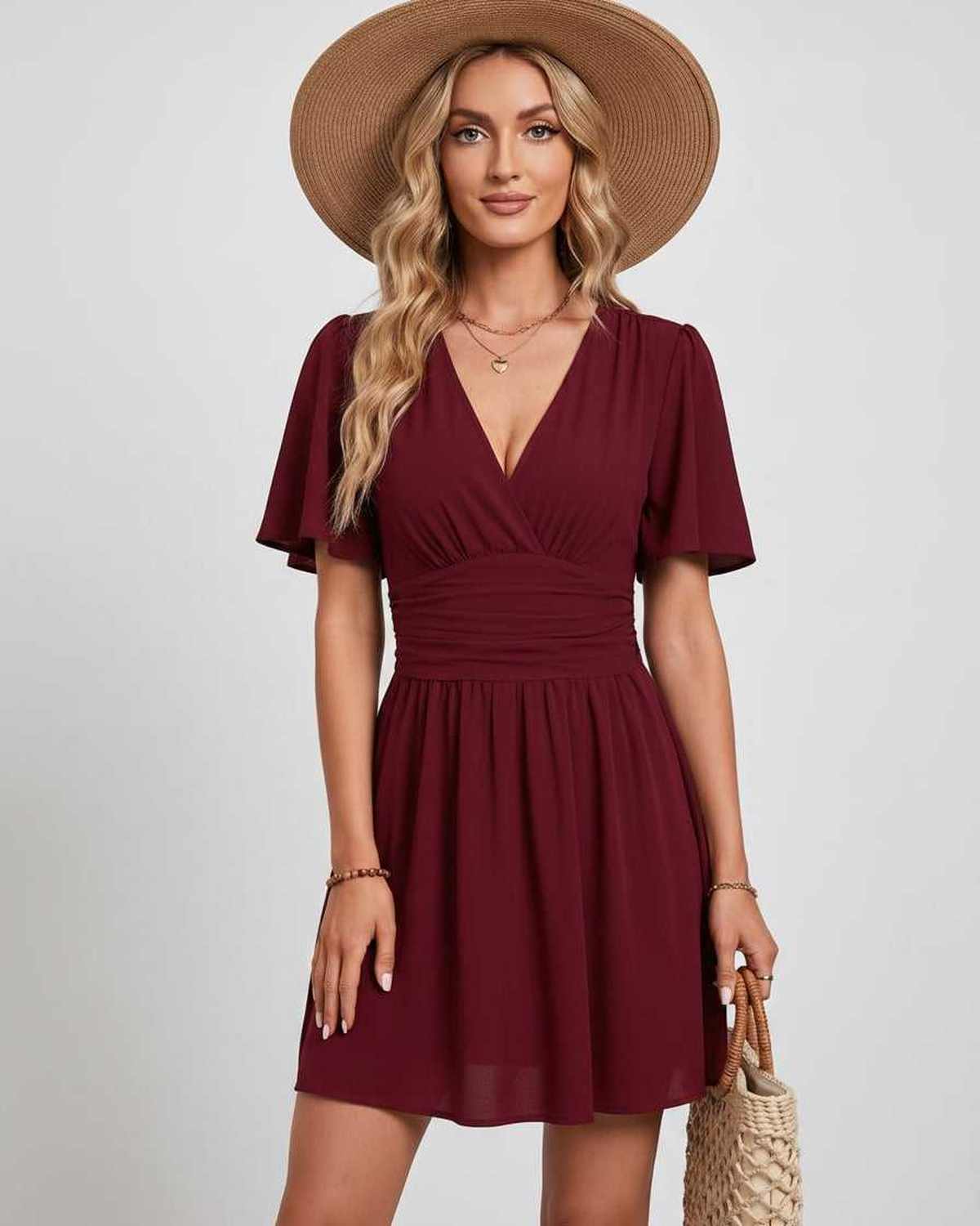 Calista Mini Dress by Lauven — chiffon ruffled short sleeve V-neck A-line mini dress