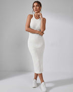 Lunara Midi Dress by Lauven — ribbed knit sleeveless crew neck slim-fit midi dress