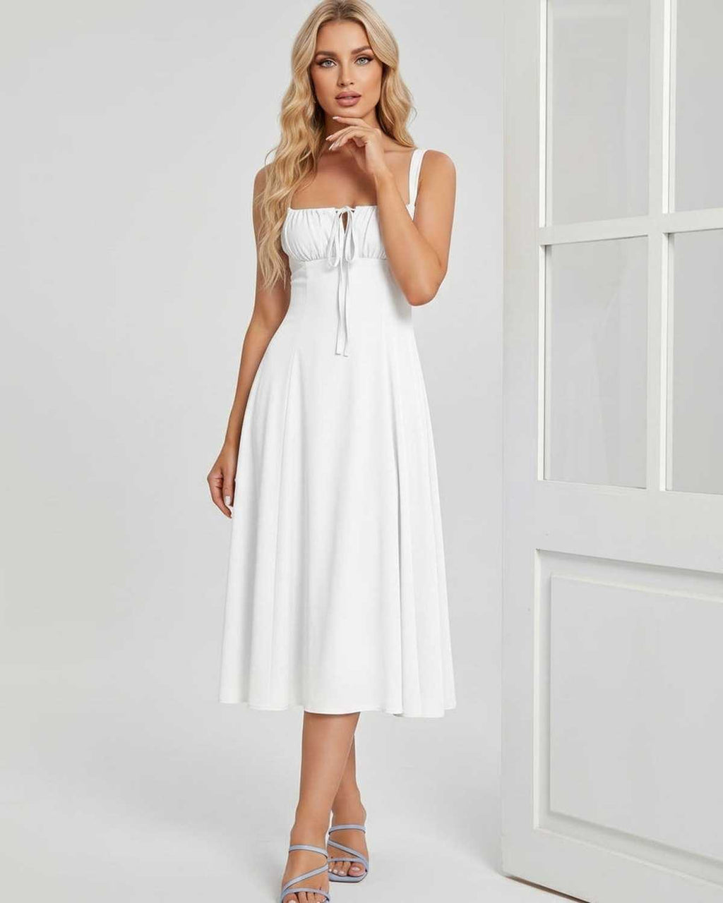 Serelune Midi Dress by Lauven — lightweight sleeveless square neck A-line midi dress