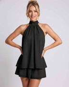 Celestia Mini Dress by Lauven — chiffon sleeveless halter neck mini dress