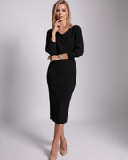 Serene Midi Dress by Lauven — knit batwing sleeve cowl neck fitted midi dress