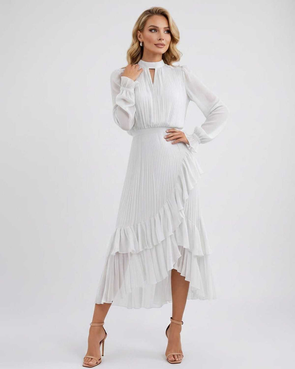 Celestia Maxi Dress by Lauven — chiffon long sleeve high neck A-line maxi dress