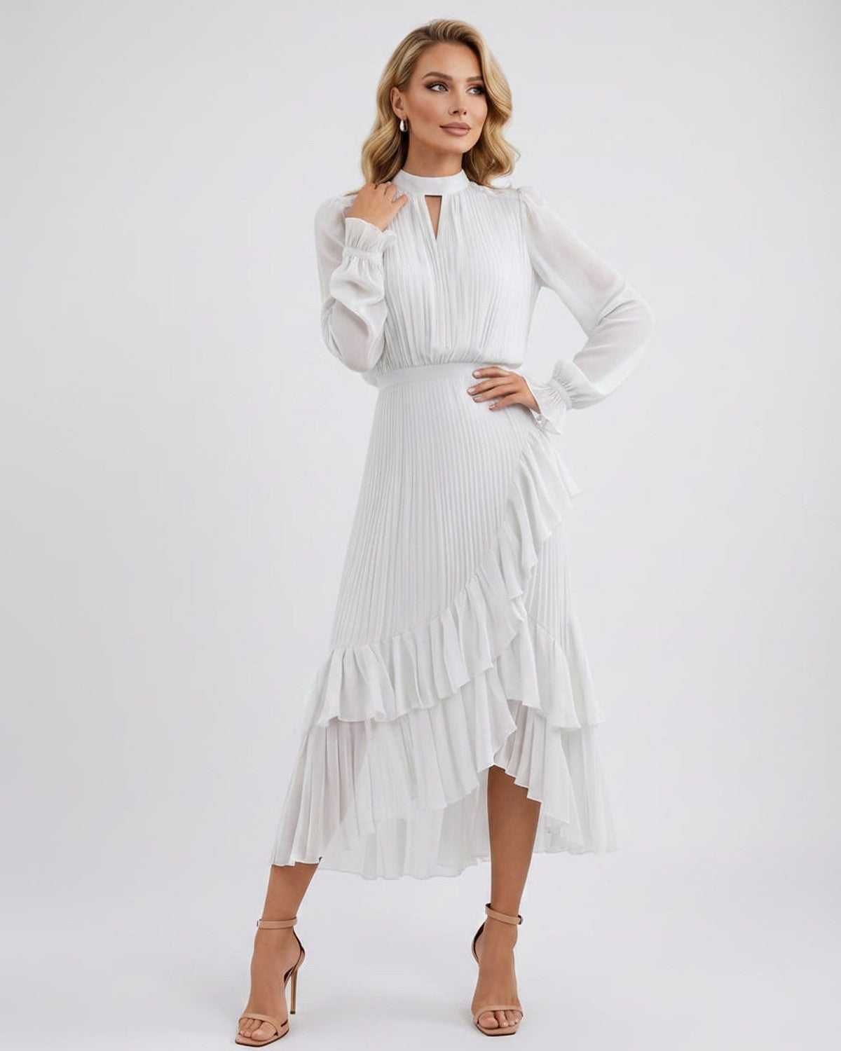 Celestia Maxi Dress by Lauven — chiffon long sleeve high neck A-line maxi dress