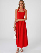 Veloura Midi Dress by Lauven — satin blend sleeveless square neck A-line midi dress