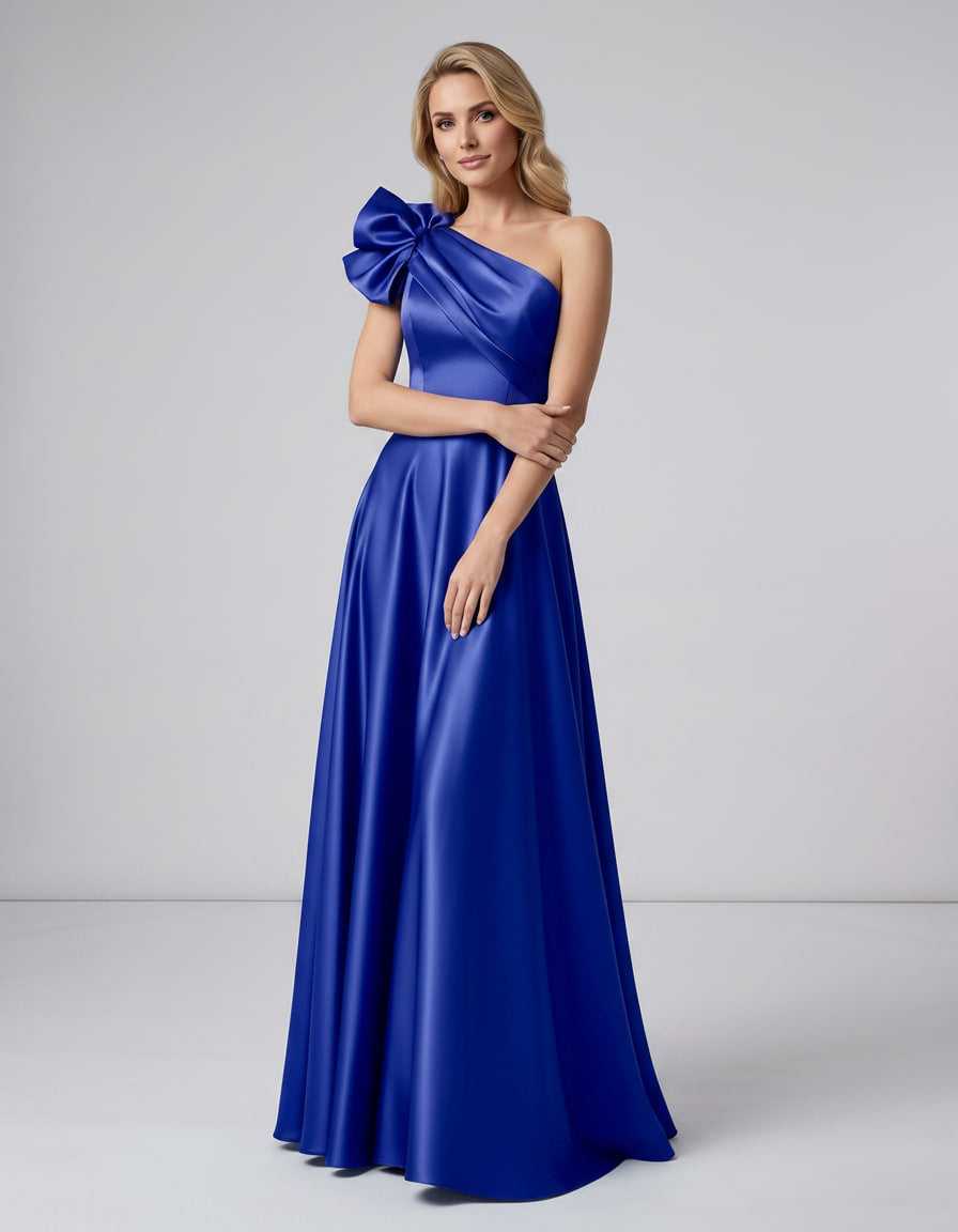 Aurevina Maxi Dress by Lauven — satin one shoulder A-line maxi dress with ruffle detail