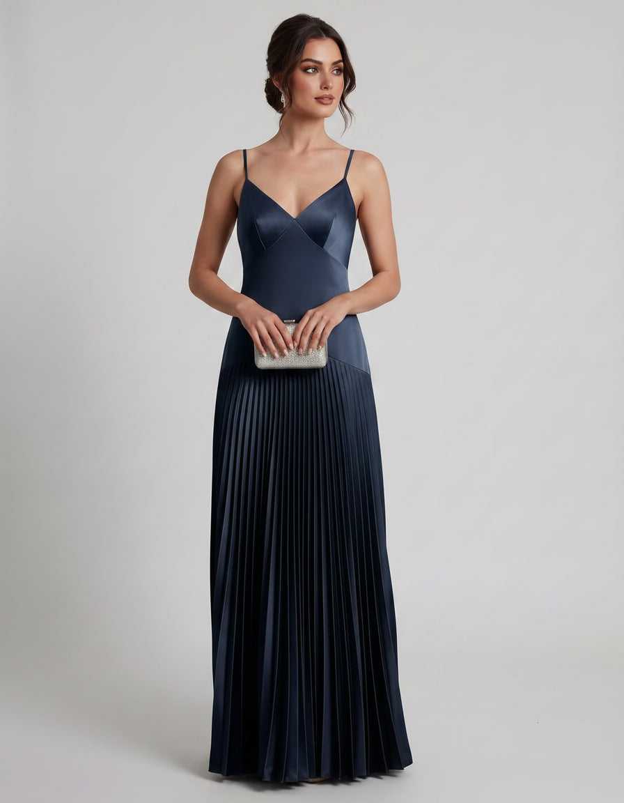 Veloura Maxi Dress by Lauven — satin spaghetti strap V-neck A-line maxi dress
