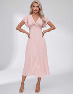 Veloura Midi Dress by Lauven — pleated chiffon flutter sleeve V-neck A-line midi dress